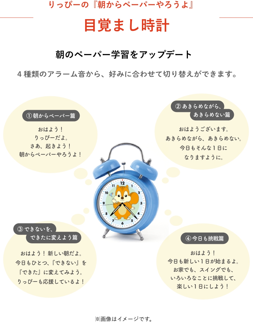 りっぴーの『朝からペーパーやろうよ』目覚まし時計。4種類のアラーム音から切り替えできます。